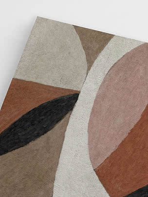 Stampa astratta con forme organiche beige, marroni, rosa e nere su sfondo chiaro