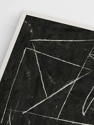 Stampa astratta nera con linee bianche disegnate a mano e forme geometriche