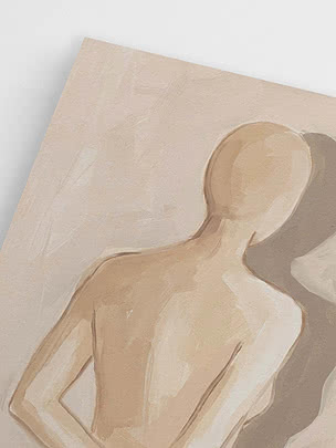 Abstrakt målning i beige toner av en sittande människogestalt sedd bakifrån