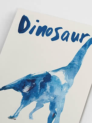 Plakat med blå akvarel-dinosaur og teksten "Dinosaur" øverst