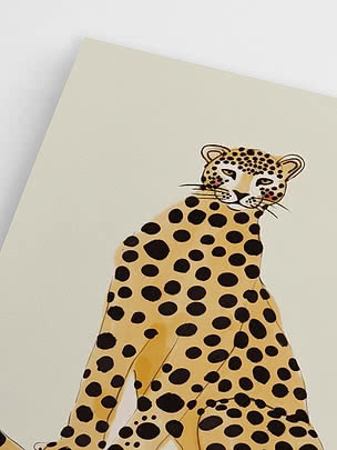 Illustration av en sittande gepard med svarta fläckar på ljus bakgrund