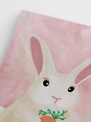 Peinture d’un lapin blanc avec une carotte sur fond rose