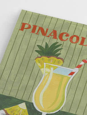 Poster illustrato con la scritta PINACOL e un bicchiere di piña colada con ananas.