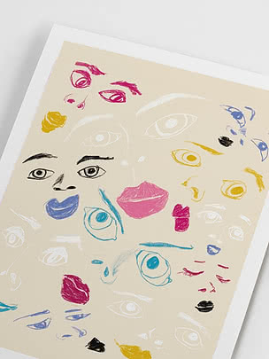 Abstrakter Kunstdruck mit farbigen Skizzen von Augen, Lippen und Gesichtszügen auf hellem Hintergrund