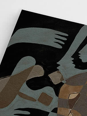Primo piano in diagonale della stampa senza cornice che mostra una mano verde petrolio contro il nero sulla trama della tela