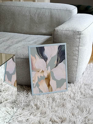 Tirage Floral Abstraction dans un cadre bleu pâle appuyé contre un canapé en bouclé gris sur un tapis flokati blanc