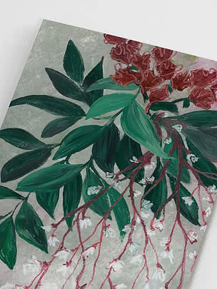 Primo piano dell'angolo superiore con la texture delle pennellate, le campanule bianche e gli steli bordeaux