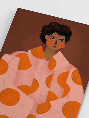 Schuine close-up van de ongelijste print met het droge kwastwerk over elke oranje vorm en de twee ronde oranje wangen