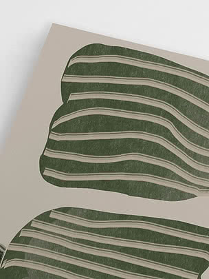 Close-up of the striped green tulip heads on the greige ground, with the cream bands following the curve of each petal