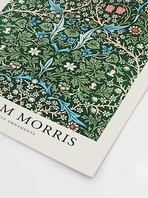 Poster with William Morris floral pattern in green, blue, white and pink on a white background.