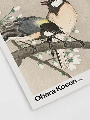 Poster med japansk fågelillustration av två fåglar på en gren med vita blommor