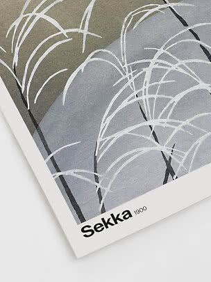 Abstract poster with white grass-like strokes and black stems on gray and blue shapes