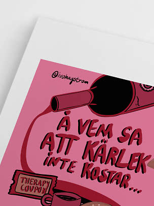 Poster rosa con testo svedese, asciugacapelli e illustrazione di un biglietto su sfondo bianco