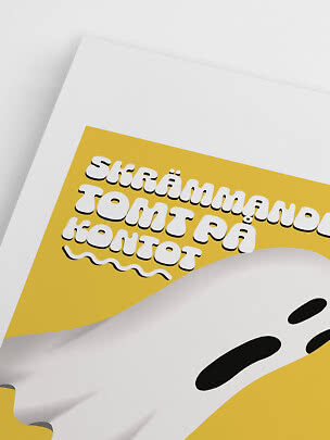 Primo piano di poster giallo e bianco con la scritta "Skrämmande tomt på kontot"