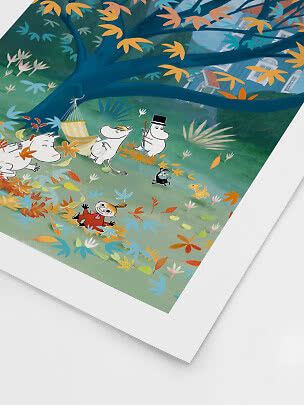 Illustrated poster of the Moomins in an autumn garden with colorful leaves