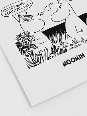 Illustrazione Moomin in bianco e nero con personaggio, mazzo di fiori e fumetto su sfondo bianco