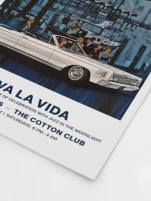 Poster with vintage illustration of a white convertible with partygoers at a marina at night