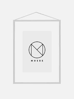 Silver picture frame with hanging cord and MOEBE logo on white background