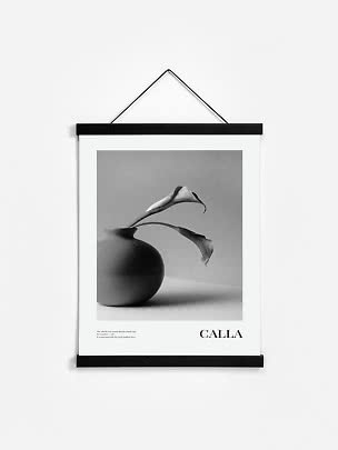 Zwarte posterhanger met koord voor een witte poster met zwart-wit bloemenprint aan de muur.