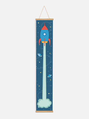 Hanging height chart with rocket, stars and planets on a dark blue space background.