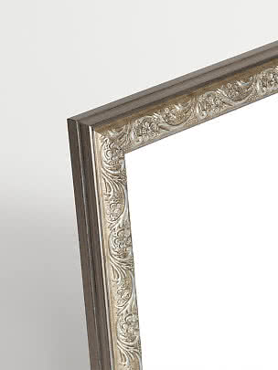Close-up of Versailles silver picture frame with ornate floral pattern on a light background