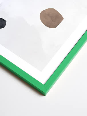 Abstract framed art print with green frame, white background and organic shapes