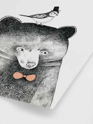Illustration of a bear with a polka dot bow tie and a bird in a top hat on its head