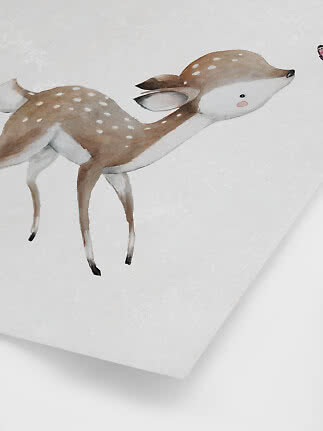 Watercolor illustration of a spotted fawn on a light background