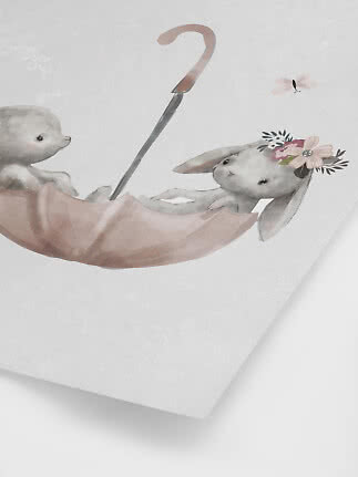 Watercolor of a bunny and bear cub in a pink umbrella with flower crown and butterfly