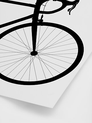Schwarze Silhouette von Rennrad-Vorderrad und Lenker auf weißer Leinwand