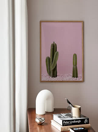 Ingelijste cactusposter met roze achtergrond boven een houten tafel met boeken en decoratie