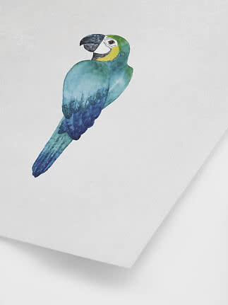 Watercolor illustration of a blue and green macaw on a white background