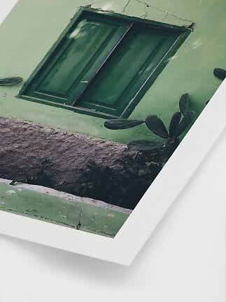 Groen raam in een verweerde muur met cactus op de voorgrond