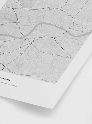 Minimalistisches schwarz-weißes Stadtplan-Poster von London mit Themse und weißem Rand