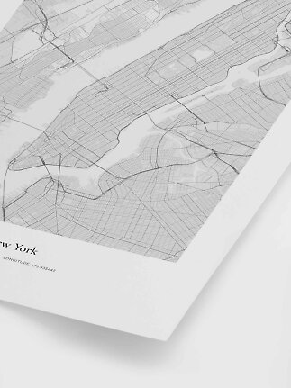 Schwarz-weiße New-York-Stadtkarte als Poster mit Straßennetz und Flüssen