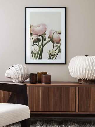 Gerahmter Blumendruck mit blassrosa Ranunkeln über einem hölzernen Sideboard