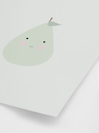 Poster mit süßer mintgrüner Birne mit Gesicht auf weißem Hintergrund