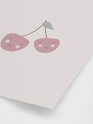 Ilustración de dos cerezas rosas con caritas tiernas sobre fondo claro