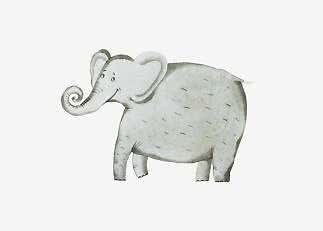 Handgemalter grauer Elefant mit eingerolltem Rüssel auf weißem Hintergrund