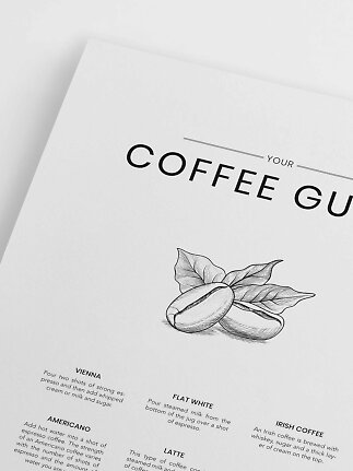 White poster with "Coffee Guide" text and illustration of coffee beans and leaves