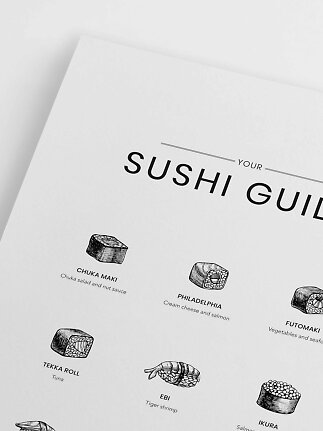 Plakat med sushi-guide i sort-hvid med illustrationer og navne på forskellige sushi-typer