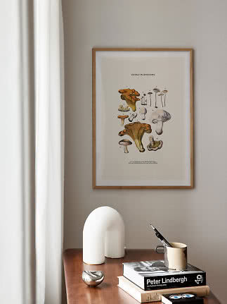 Framed botanical mushroom print above a wooden table with books, mug, and white sculptural lamp