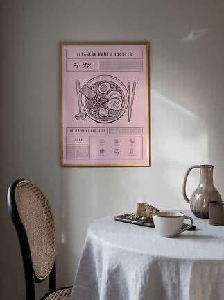Lyserød indrammet plakat med japansk ramenillustration over et spisebord med kop og kande