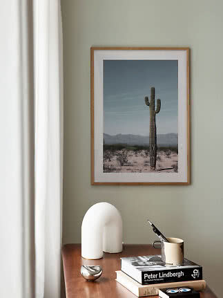 Ingelijste cactusposter boven een houten dressoir met boeken en decoratieve objecten