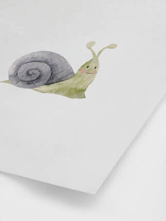 Akvarelillustration af en sød snegl med gråt hus på hvid baggrund