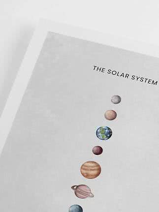 Nærbillede af plakat med solsystemet og planeter på lys baggrund