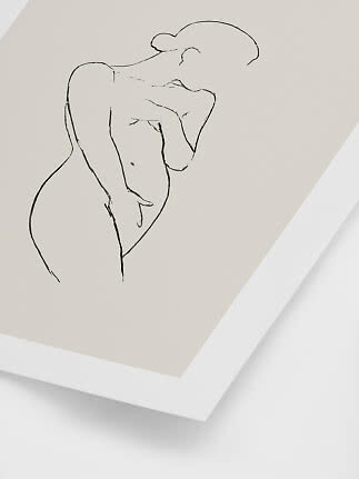 Minimalist line drawing of a female figure in a white frame on a beige background