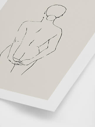 Minimalist line drawing of a seated female figure on a beige print with white frame
