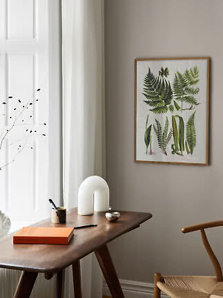 Indrammet botanisk bregneplakat over træskrivebord ved vindue i lyst, minimalistisk rum