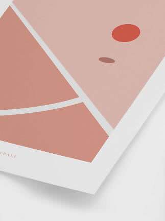 Abstract poster with geometric shapes in pink and terracotta with white border